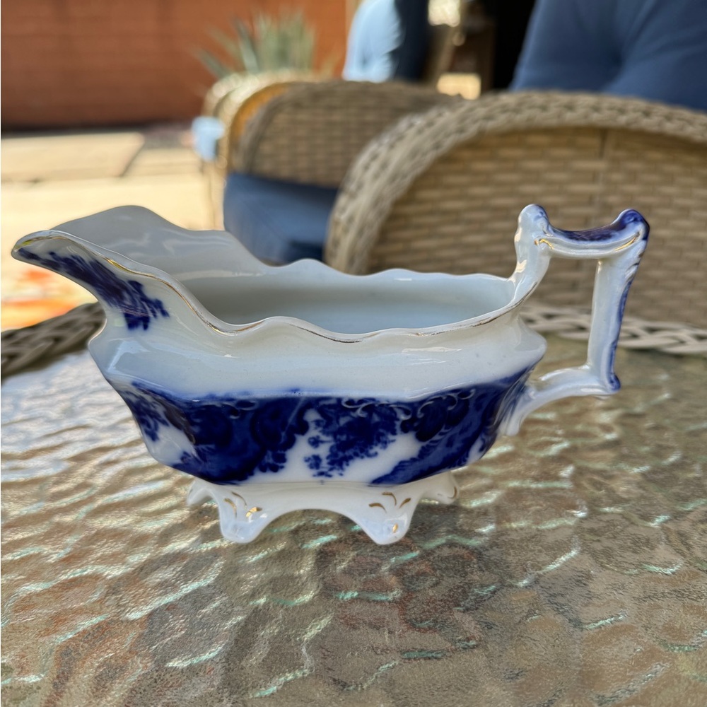 Vintage W.H. Grindley Bone China: Argyle Flow Blue gravy boat